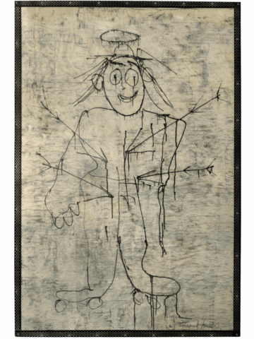 Figura umana frontale, tracciata con linea nera su fondo grigio-beige, dal volto sorridente con aureola e corpo goffo; braccia aperte attraversate da linee che ricordano frecce, gambe su piccole ruote.