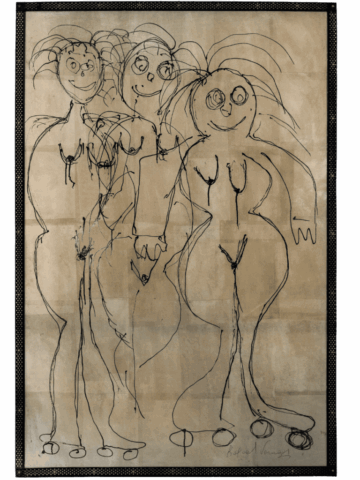 Tre figure femminili nude, stilizzate e frontali, tracciate in nero su fondo beige; sorridono, hanno seni e vulve evidenziati e piedi appoggiati su piccoli falli circolari.