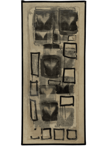 Tela verticale con una colonna centrale di riquadri neri sovrapposti su fondo grigio-beige; all’interno compaiono macchie scure a forma di cuore rovesciato, come ombre radiografiche, alternate a rettangoli vuoti.